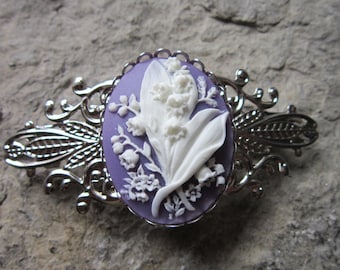 Choisissez mauve ou rose - barrette en filigrane d'argent camée muguet - accessoire de cheveux - mariée - cheveux - accessoire de mariée - floral