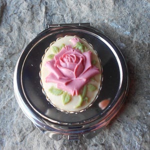 Pink or Purple Rose Cameo Compact Mirror - Makeup Mirror, Lipstick Mirror, Beauty, Pill Case, Stash, Holder, Unique