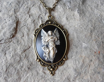 Hand Painted Angel with Beautiful Wings (on a black background) Cameo Pendant Necklace - Bronze -  Great Quality
