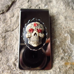 Stainless Steel Mexican Sugar Skull (Hand Painted) Cameo Money Clip - Unique - Goth -Father&#39;s Day Gift - Dad - Anniversary - Father&#39;s Day