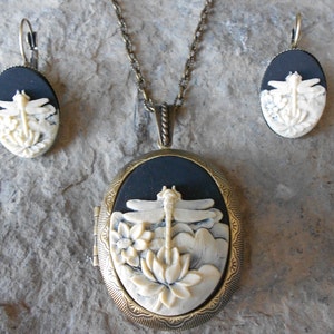 Dragonfly Bronze Locket and French Lever Back Earrings Set (Black)- Antiqued Look - Quality - Wedding -Bridesmaid