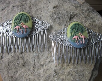 Scegliere Multi colore o rosa/nero - coppia di fenicottero Cameo filigrana d'argento fermagli - Tropical - accessori per capelli spiaggia - Beach Wedding