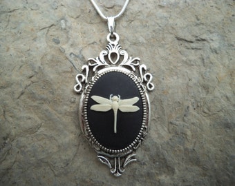 Stunning Ivory Dragonfly (on a black background) Cameo Pendant Necklace---.925 plated 22" Chain--- Great Quality