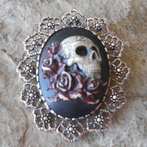 Choose Burgundy or Teal - 2 in 1 - Skull and Roses (Hand Painted) Cameo Brooch/Pendant - Skeleton, Goth, Gothic, Halloween, Steampunk Unique