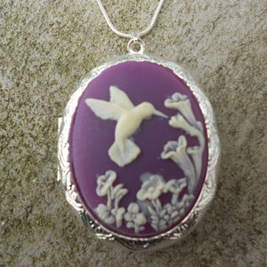 LOCKET--Stunning Hummingbird (ivory on purple/plum) Pendant Locket--  2" long---.925 plated 22" Chain--- Great Quality