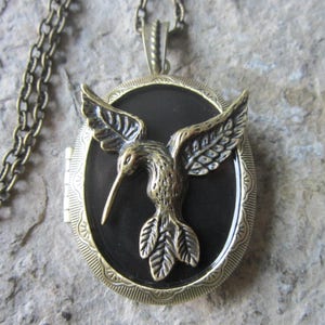Bronze Hummingbird Bronze Locket on a Black Background- Antiqued Look - Quality - Bird - Bird Watcher - Gift