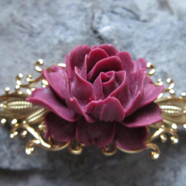 Choose Gold or Silver - Burgundy - Maroon Rose Resin 3-D Flower Filigree Barrette - Hair Accessory - Hair - Wedding - Bridal - Summer