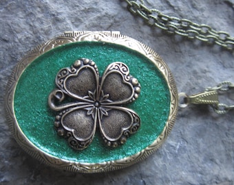 Irish Shamrock - Cuatro Hojas Trébol De Bronce Lockets - Antique Look- Verde -Gran Calidad - Celta - Día de San Patricio - Patrimonio Irlandés, Trébol