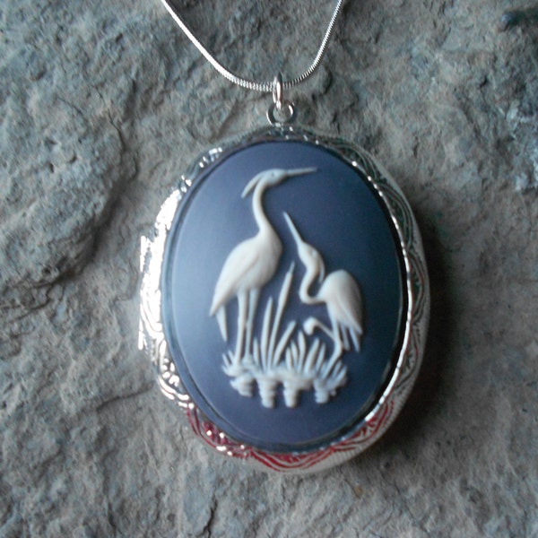 Choose Silver or Bronze - Stunning Heron, Crane, Stork Pendant Locket - Blue - 2" Long - Great Quality - Bird Watcher - Bird Lover