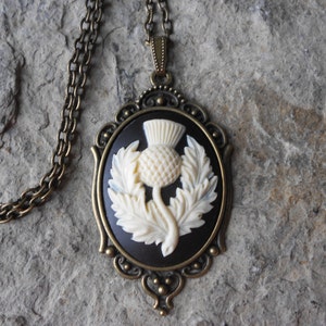 Scottish Thistle - Scotland&#39;s National Emblem -  Cameo Necklace  - 2&quot; Long - Bronze Setting, Bronze Chain