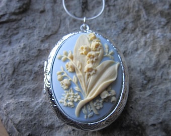 Choose Silver, Bronze, or Antiqued Silver - Lily of the Valley Cameo Locket - High Quality -  Weddings, Photos, Keepsakes