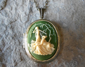 LOCKET - Goddess Diana (the huntress) with a Deer Cameo,  2" long--- Bronze - Antique Look--- Woodland - Great Quality!!