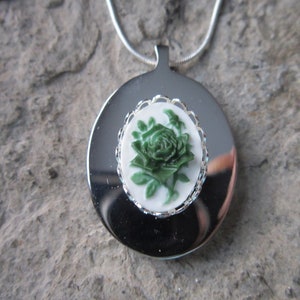Green Rose Cameo Stainless Steel Urn Necklace - Ashes - Lock of Hair  - Memorial - Urn - Emerald