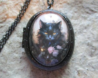 Black Cat Glass Cabochon Black Enamel Locket - Victorian, Steampunk - Halloween - Antique Look - Great Quality!!