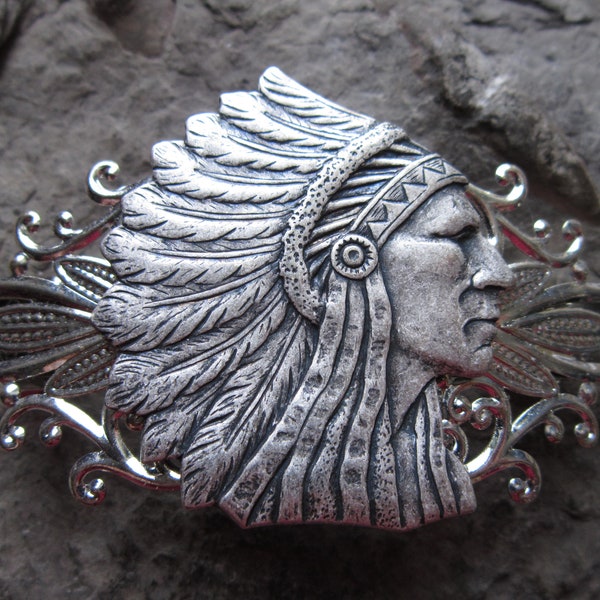 Native American Indian Chief Silver Filigree Barrette - Hair Accessory - Hair Jewelry - Southwestern