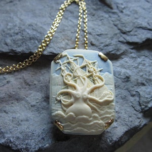 Kraken and Clipper Ship in Waves Cameo Brass Necklace - Octopus - Squid - Unique - Sea Monster - Victorian Goth - Steampunk