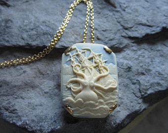 Kraken and Clipper Ship in Waves Cameo Brass Necklace - Octopus - Squid - Unique - Sea Monster - Victorian Goth - Steampunk