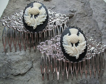 Choose Silver, Gold, Black or Bronze - Pair of Scottish Thistle Cameo Filigree Hair Combs - Hair Accessory -Hair Clips - Celtic -Scotland