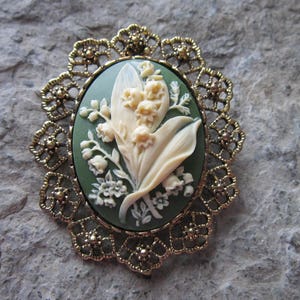 Choose Green, Black, Burgundy or Blue - 2 in 1 Lily of the Valley Cameo Brooch/Pin/Pendant - Unique - Victorian