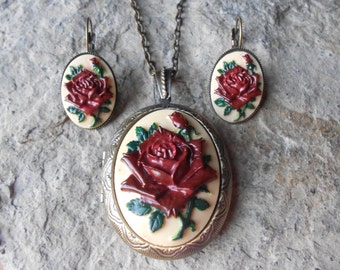 Burgundy, Maroon, Red Rose Cameo (Hand Painted) Bronze Locket and French Lever Back Earrings- Antiqued Look - Quality