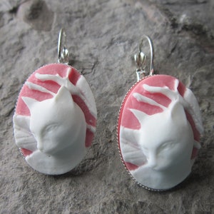 Choose Silver, Gold or Bronze - Cat Cameo French Lever Back Earrings - Wonderful Quality - Pink, Kitty, Kitten, Feline