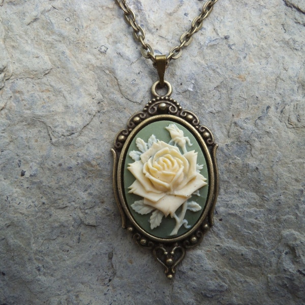 Beautiful Yellow Rose on Green Cameo Necklace - Bronze Setting, Bronze Chain - Christams