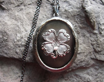 Irish Shamrock - Four Leaf Clover Antiqued Silver Lockets-  2" Long - Antique Look - St. Patrick's Day - Irish Heritage, Clover