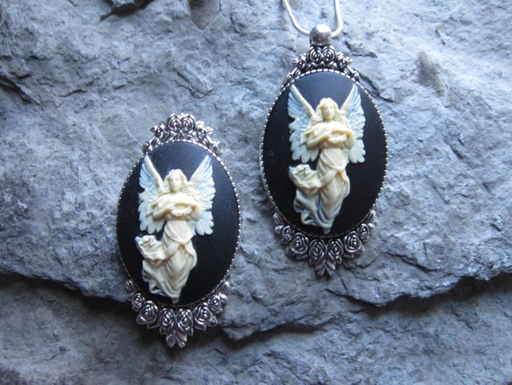 Stunning Set Guardian Angel Cameo Pendant Necklace and Brooch pin