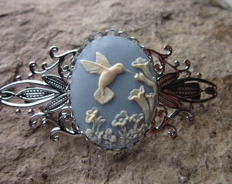 Choose Blue, Black, Purple or Pink - Hummingbird Cameo Silver Filigree Barrette - Hair Accessory - Bride - Hair - Bridal Accessory