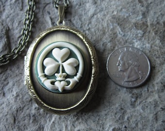 Irish Shamrock and Claddagh Cameo Bronze Lockets - Antique Look- Great Quality!! St. Patrick's Day - Irish Heritage, Clover