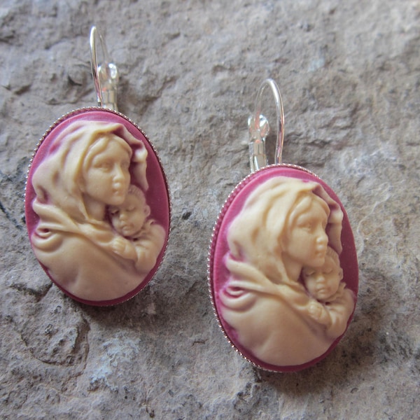 Choose Silver or Gold - Virgin Mary Cradling Baby Jesus Cameo French Lever Back Earrings -Religious - Pink - Raspberry, Wonderful Quality!!!