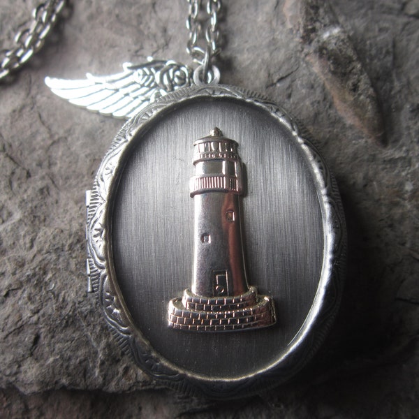 Antiqued Silver Lighthouse Locket, with Angel Wing - High Quality - Cruise - Vacation - Nautical,  Photos, Keepsakes, Christmas