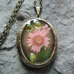 Real Dried Pink Flowers and Ferns Resin Art Bronze Locket - Nature - Floral