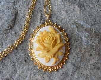 Choose on Tan or Black - Yellow Rose Cameo Gold Plated Pendant Necklace - Unique - Texas - Rose Lover Gift - Rose Collector