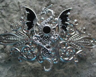 Choose Black or Red - Dragon Silver Filigree Barrette - Hair Accessory - Mythical - Magical - Hair - Cosplay