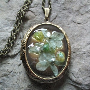 Real Dried Blue Flowers and Ferns Resin Art Bronze Locket - Nature - Floral