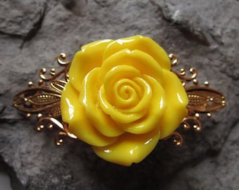 Choose Gold, Silver Bronze - Yellow Rose resin 3-D Flower Filigree Barrette- Texas, Hair Accessory - Hair - Wedding - Bridal - Summer