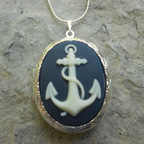 MÉDAILLON--Stunning ancre pendentif médaillons--bleu marine 2" de long---925 plaqué 22" chaîne---grande qualité!! Naval, nautique