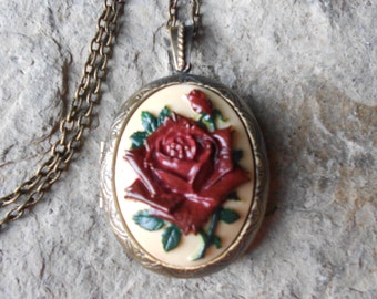 Choose Bronze or Silver - Burgundy - Maroon - Red Rose on Cream Hand Painted Cameo Locket!!! Victorian, Weddings, Photos, Keepsakes