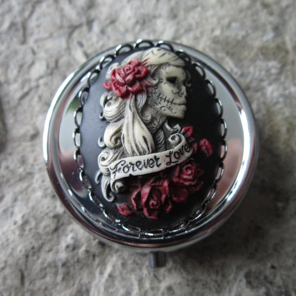 Choose Gold or Silver - Forever Love Skeleton Woman Hand Painted Cameo Pill Case - Pill Box - Meds - Stash - Goth - Gothic - Organizer