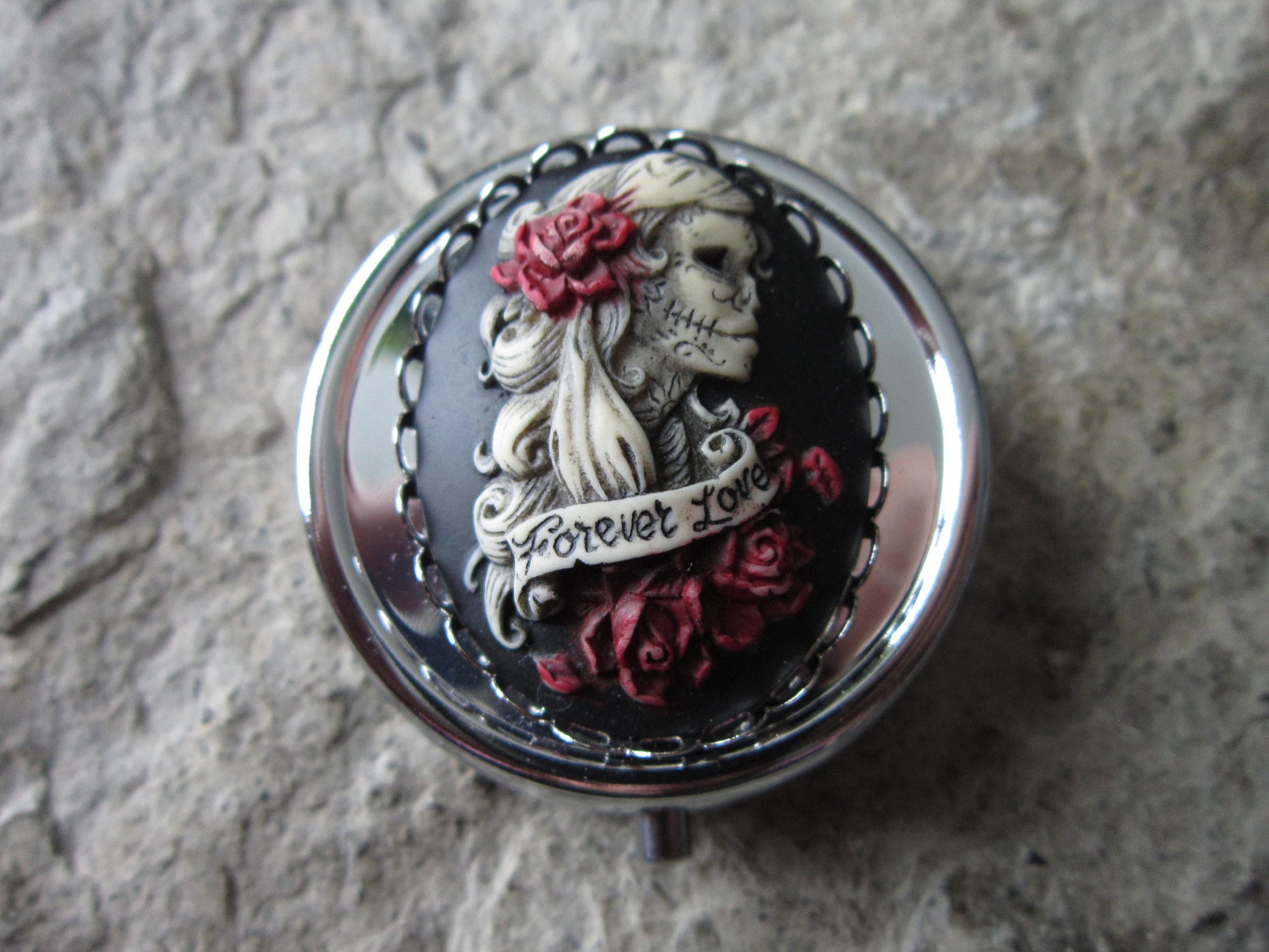 Choose Gold or Silver - Forever Love Skeleton Woman Hand Painted Cameo Pill Case - Pill Box - Meds - Stash - Goth - Gothic - Organizer