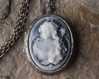 Choose Gray or Pale Aqua- Beautiful Victorian Woman Portrait Cameo Antiqued Silver Plated Locket - High Quality - Photos, Keepsakes