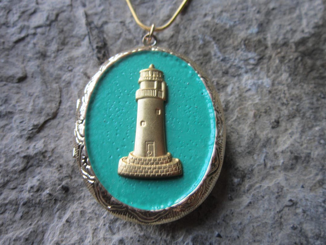 Lighthouse Gold Plated Locket With Blue Green Textured Etsy