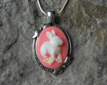 Stunning White Bunny Rabbit (on a perfect pink background) Cameo Pendant Necklace--- Easter, .925 plated 22" Chain--- Great Quality