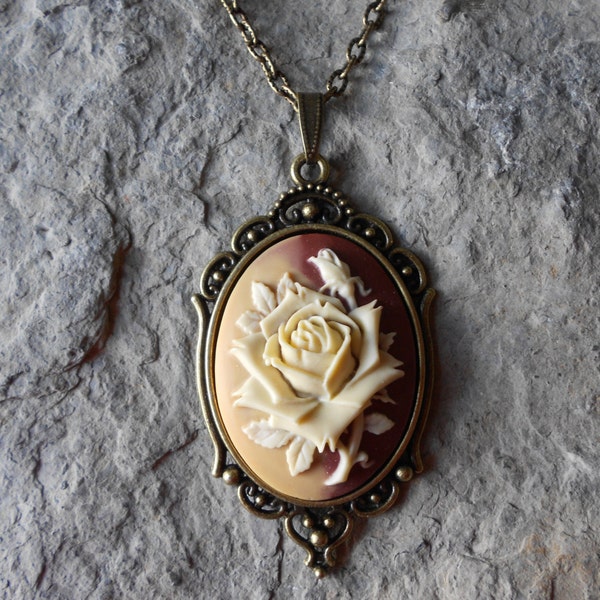 Beautiful Fall/Autumn Cream Rose Cameo Necklace  - 2" Long- Two Toned, Bronze Setting, Bronze Chain