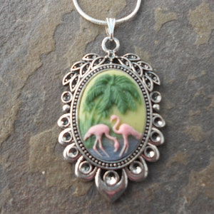 Stunning Flamingos and Palm Tree (on a black background) Cameo Pendant Necklace---.925 plated 22" Chain--- Great Quality