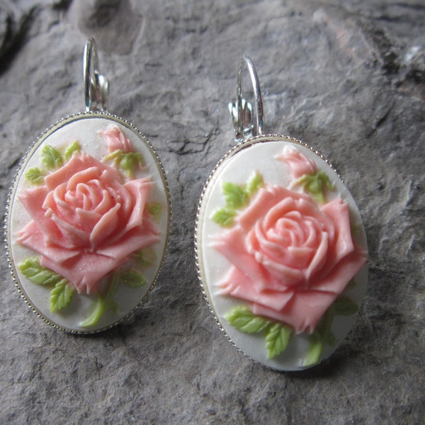 Choose Silver, Rose Gold, Gold or Bronze - Gorgeous Pink Rose Cameo Lever Back Earrings - Wedding, Bridal, Wonderful Quality - Pale Orange