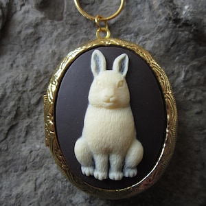 Choose Gold or Bronze - Bunny Rabbit (cream on brown) Cameo Pendant Locket - Easter - Spring - Vintage Look - Antiqued Look - Great Quality