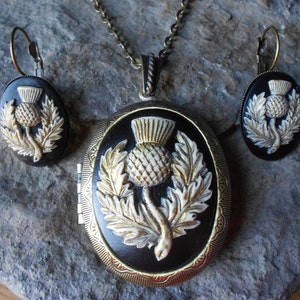Cameo Locket and Earrings Set - Scottish Thistle Cameo, Hand Painted, Bronze, Gold, Scotland