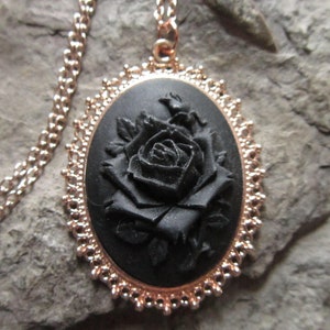 Choose Black or White - Rose Cameo Rose Gold Tone Pendant Necklace - Unique - Bridal - Wedding - Formal - Mourning